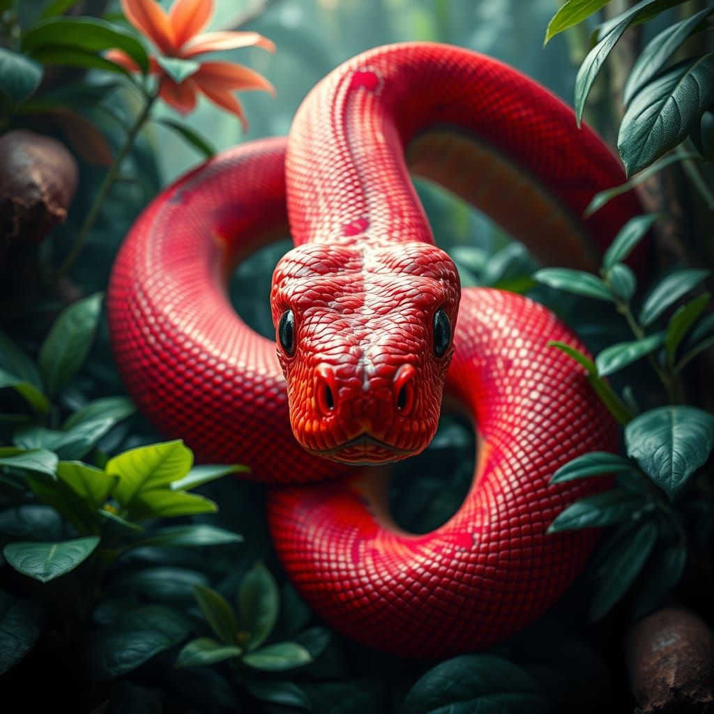 Red Snake in Jungle, Hyperrealistic Digital Art