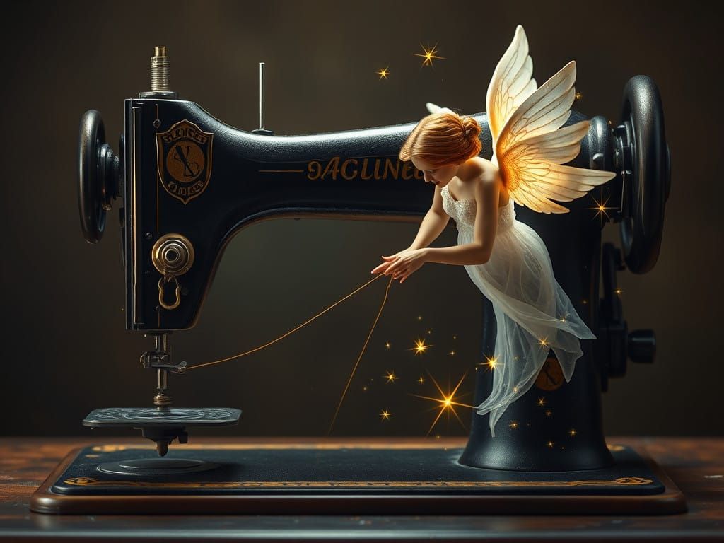 Angel Emerges from an Antique Sewing Machine in a Celestial....