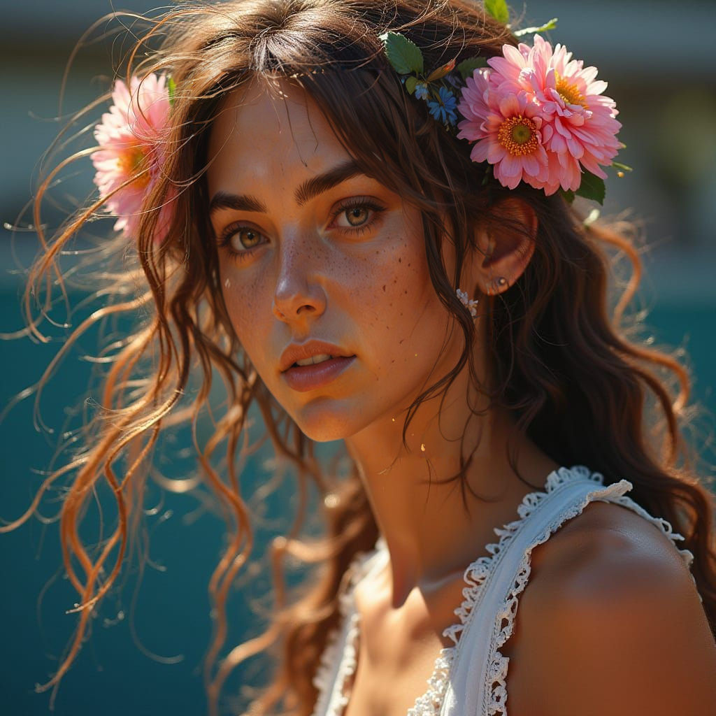 Hyperrealistic Tennis Player with Floral Hair