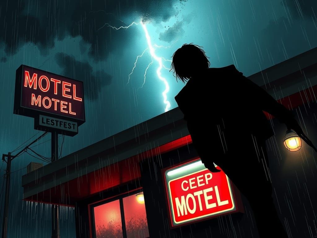 Creepy Motel Shadow in Dramatic Lightning Storm