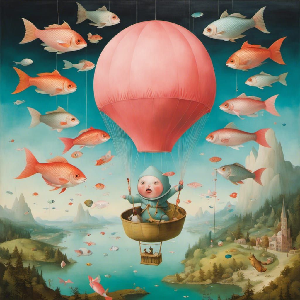 Fish Parachuting: Surreal Digital Art Collage