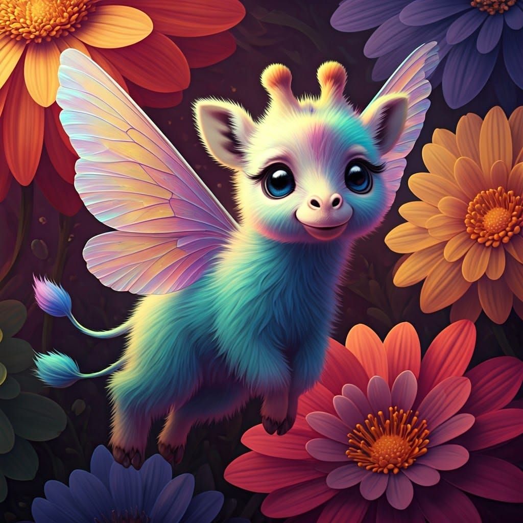 Flying Rainbow Giraffe Soaring Among Flowers