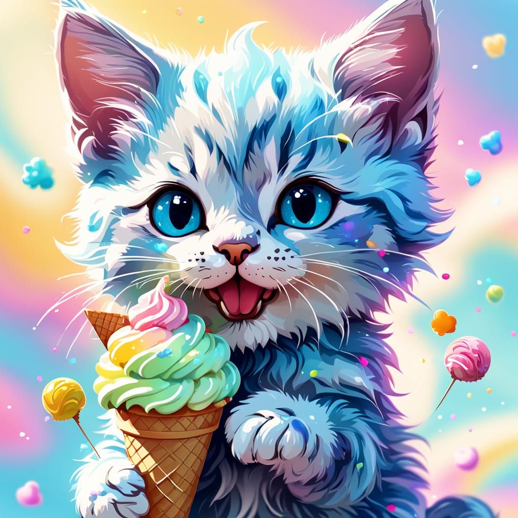 Cute Kitten with Ice Cream in Cartoon Style