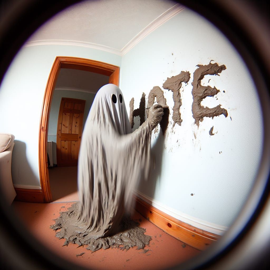 Mud Ghost Apparition Writes 'HATE' on Wall
