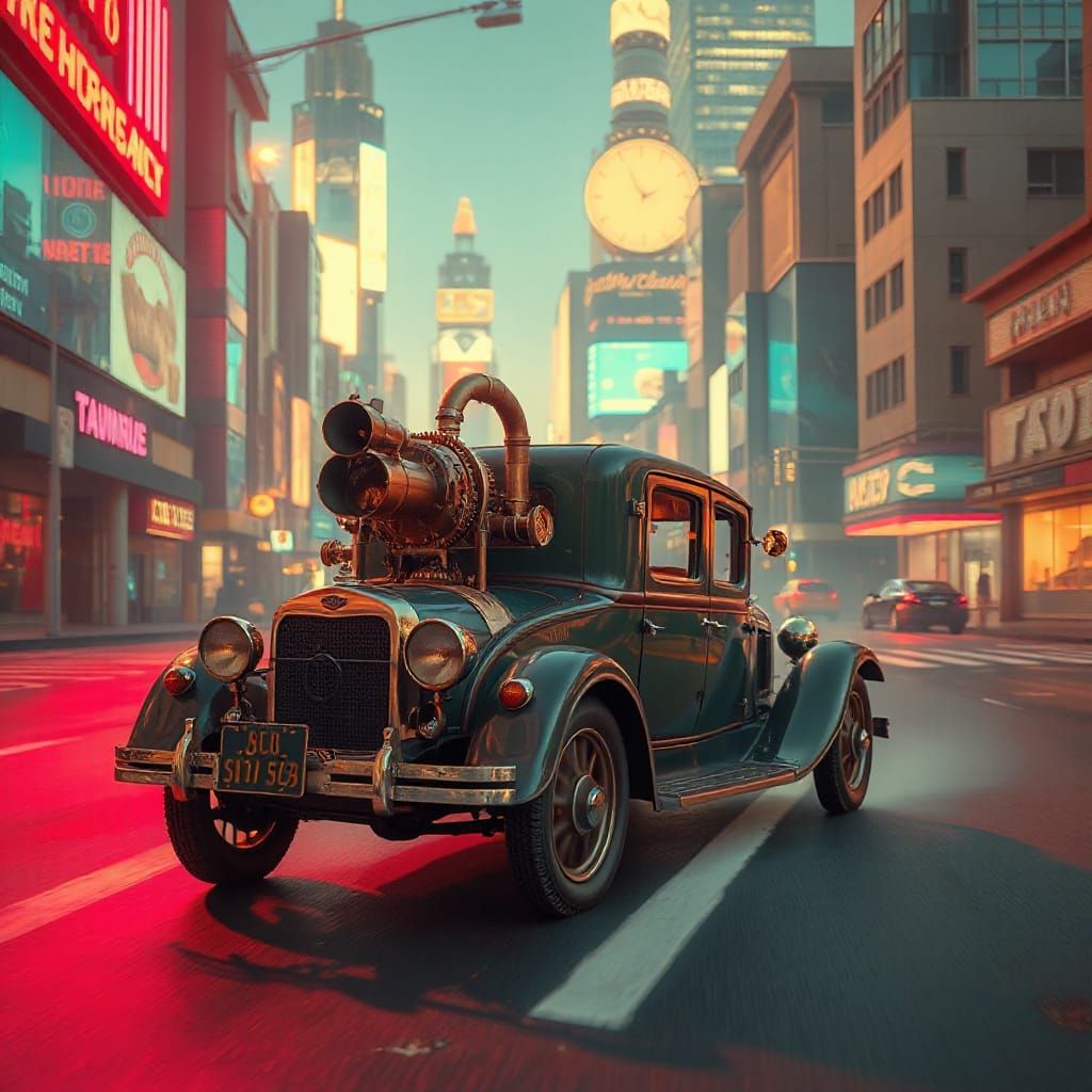 Steampunk Car in Abstract Cityscape with Ethereal Lighting
