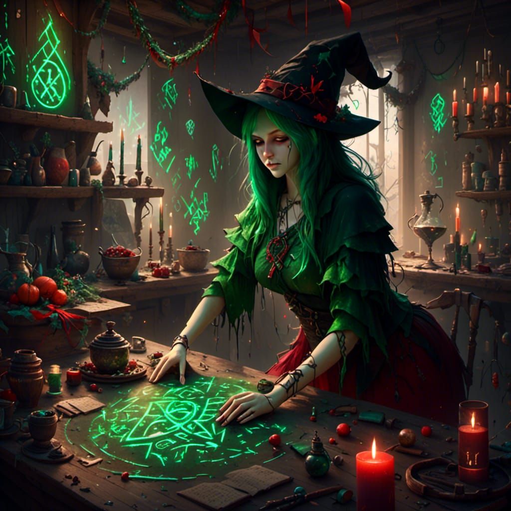 Christmas Witch with Glowing Runes by Alchemy Table