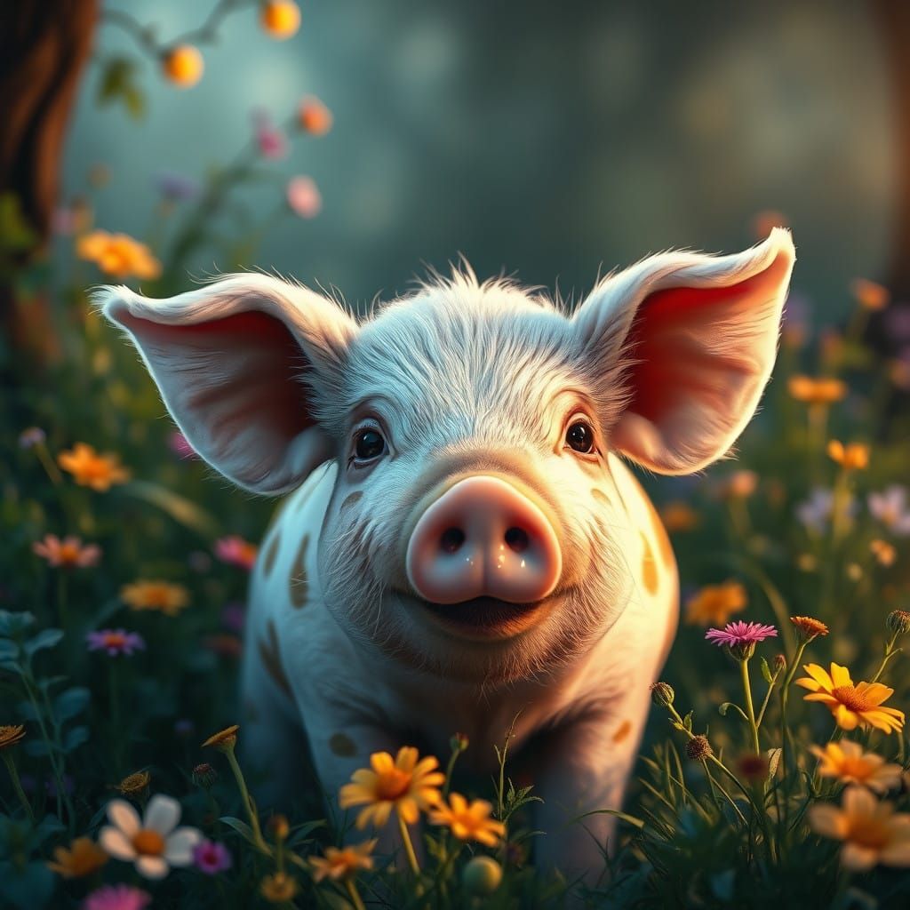 Whimsical Pig in Fantastical Landscape