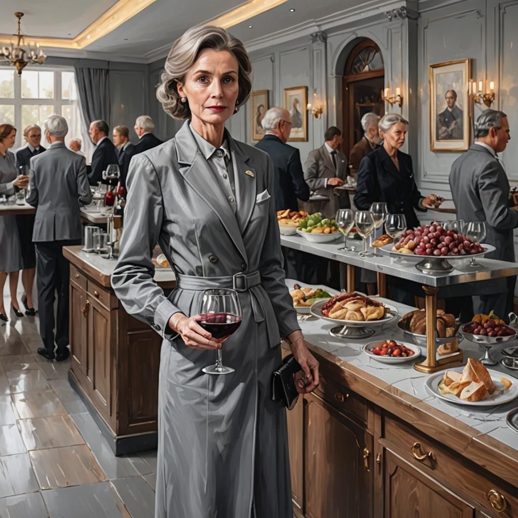 Elegant Lady in Grey Outfit at Buffet