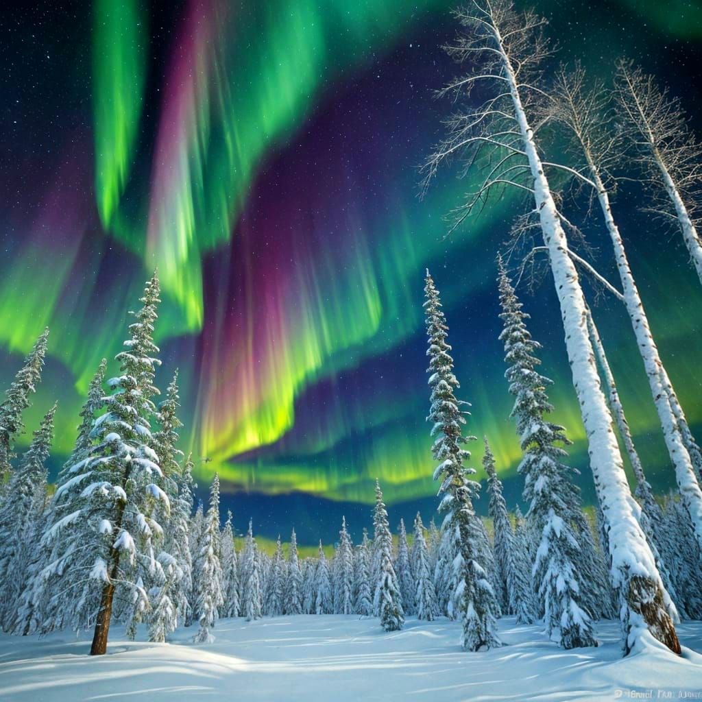 Vibrant Winter Forest Under Aurora Borealis, Impasto Paintin...