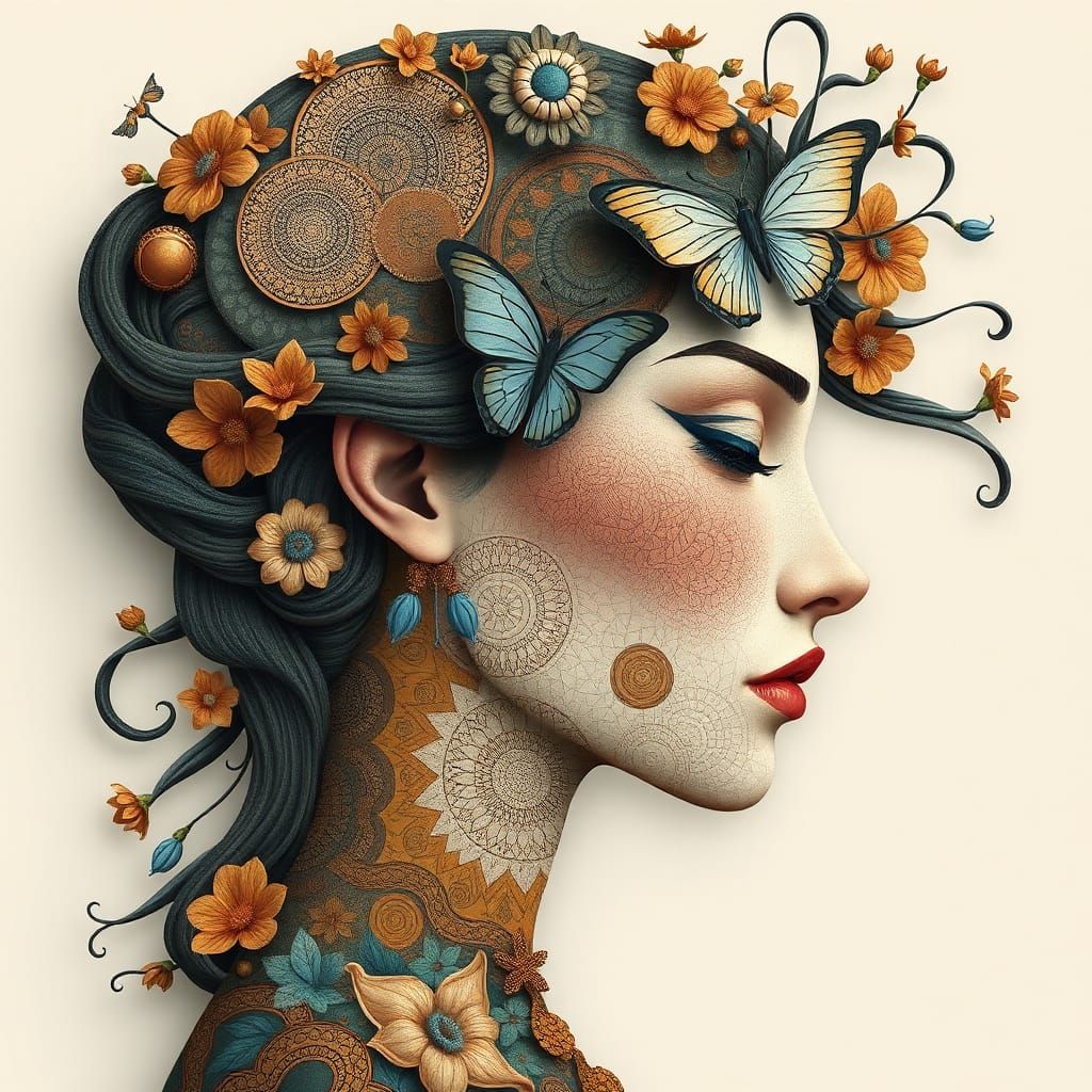 Surreal Cubist Portrait with Butterfly, 3D Rendered
