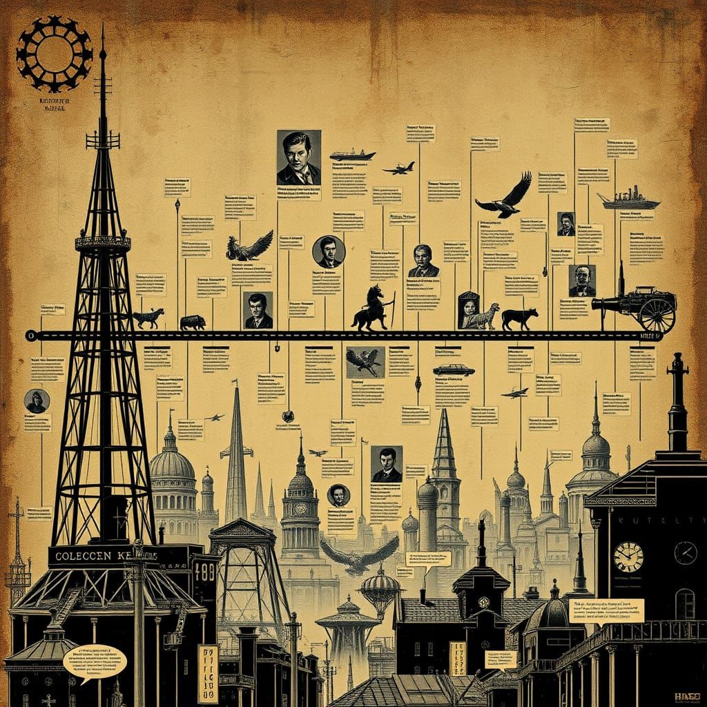 Historical Timeline in Sepia-Toned Illustration Style