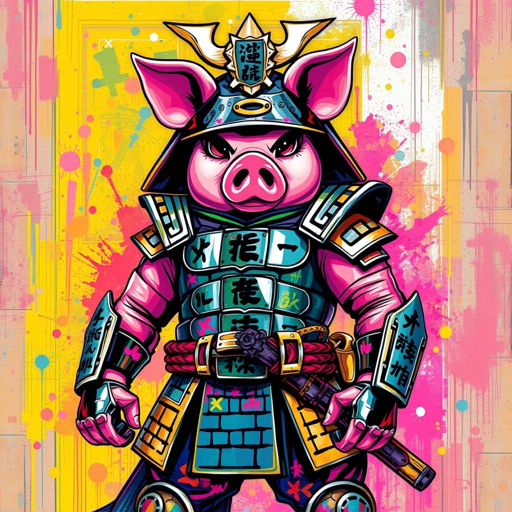 Vibrant Samurai Pig in Dynamic Graffiti Art