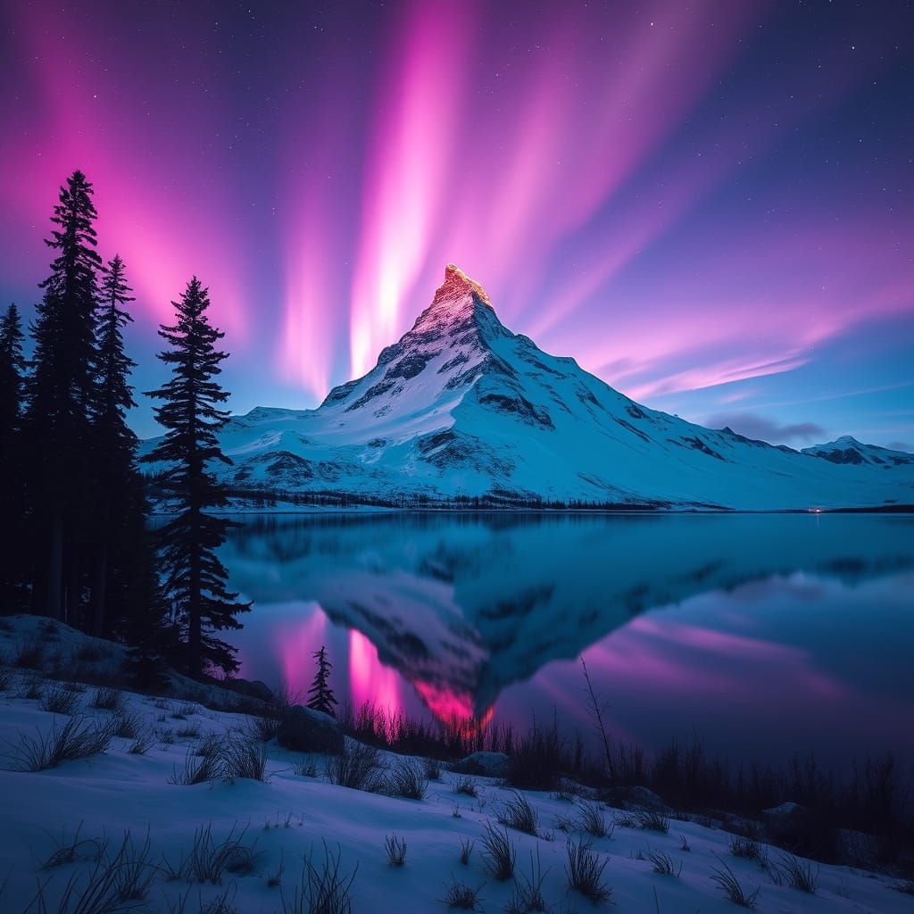 Majestic Snow-Covered Peak Illuminated by Ethereal Aurora