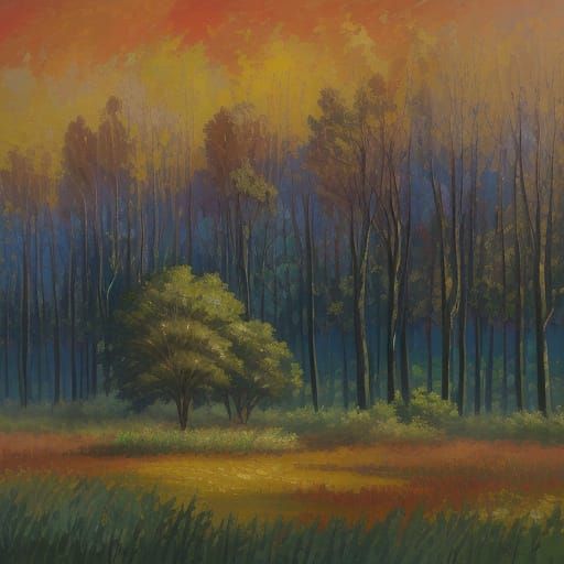 Four Trees in Field: Impressionist Gouache Masterpiece