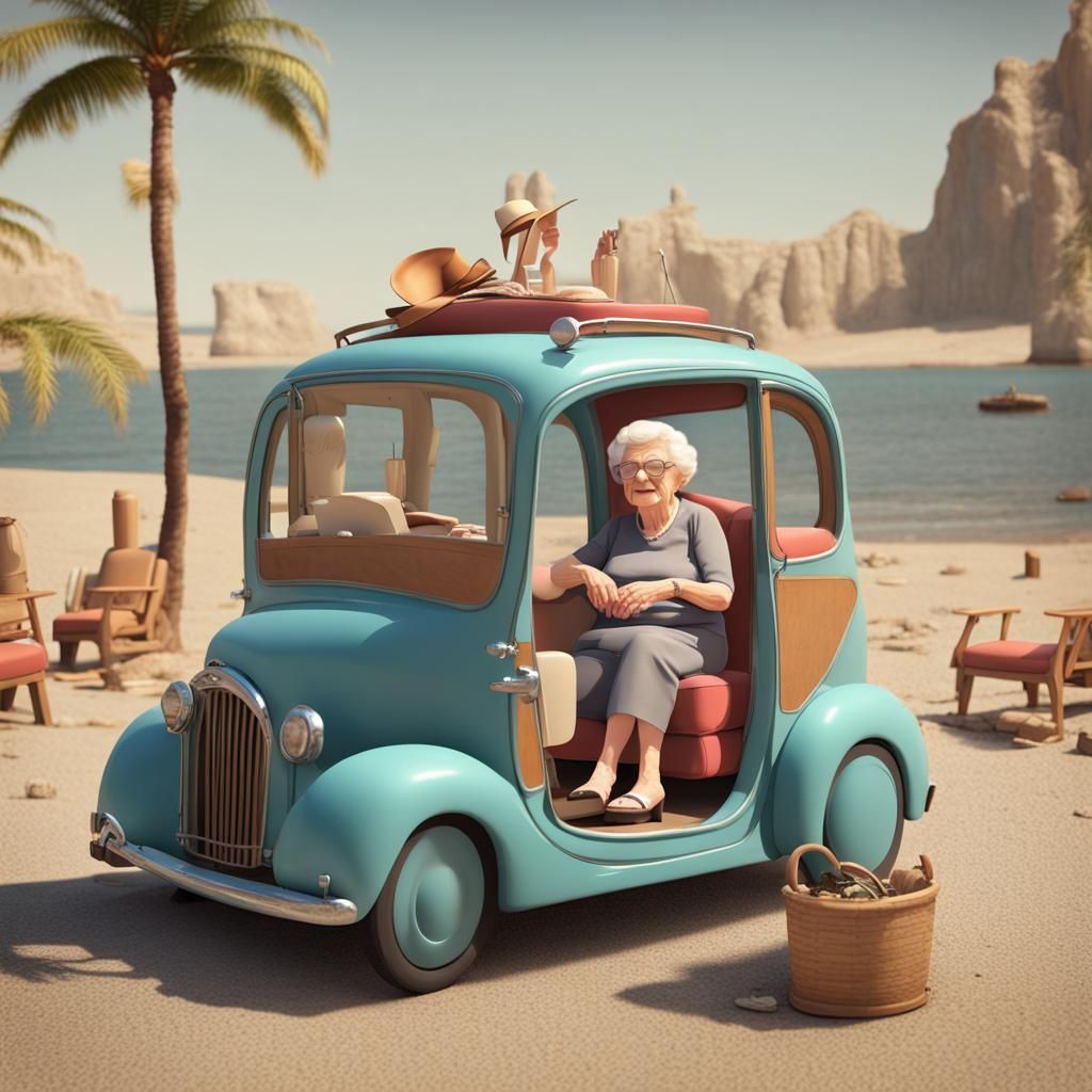 Old Lady's Beach Trip on Car: 3D Rendering