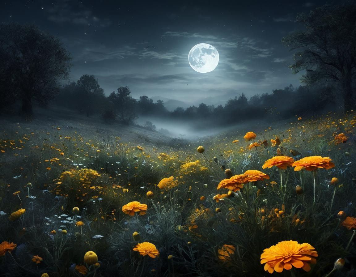 Moonlit Marigold Meadow Magic in Enchanted Landscape