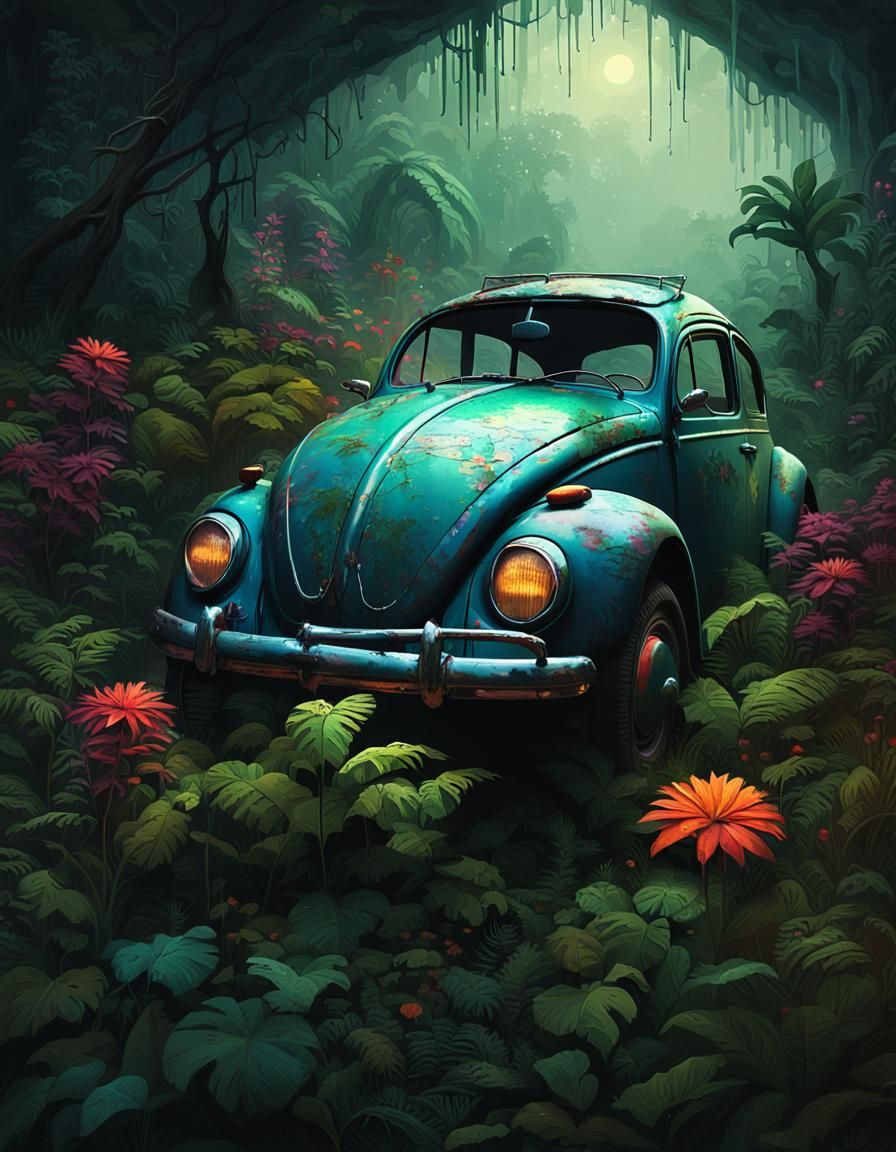 Jungle Beetle: Derelict Car in Eerie Neon Mist