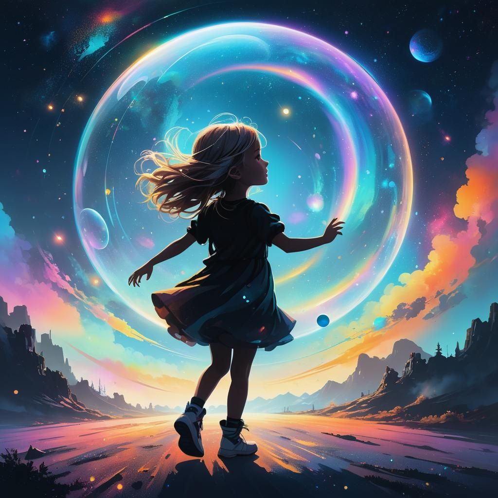 Girl Dancing in Cosmic Dreamscape as Magical Realism