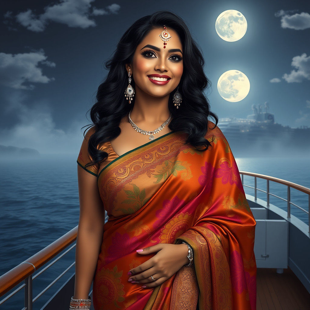 Curvy Indian Woman in Silk Sari on Cruise Ship