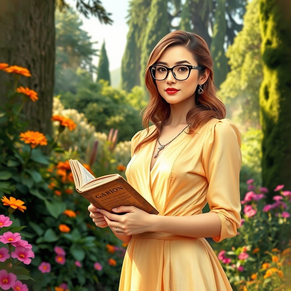 Elegant Woman in Lush Garden with Book, Watercolor Style