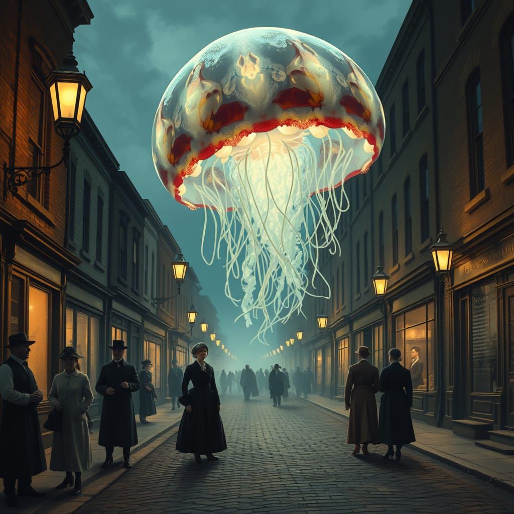 Victorian Street Scene with Bioluminescent Jellyfish