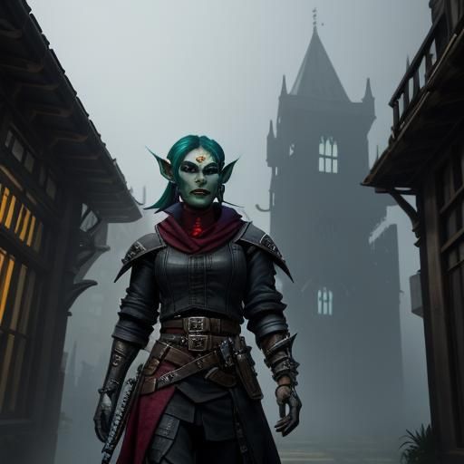 Cyberpunk Elf-Orc Thief in Medieval City