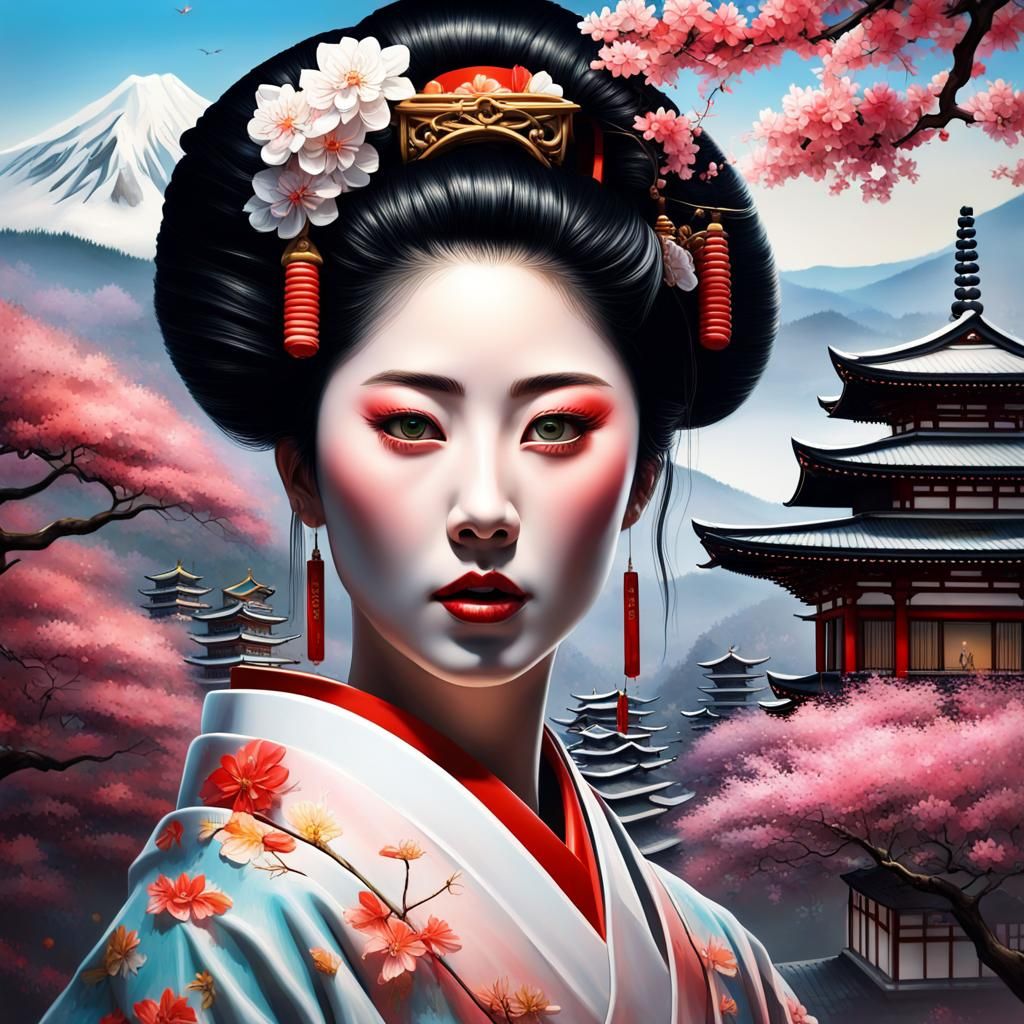 Geisha Portrait with Japanese Temple in Oil Painting