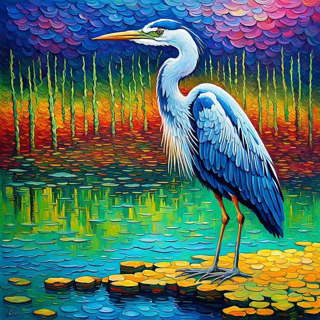 Mystical Heron in Ancient Lake: Impasto Oil Painting