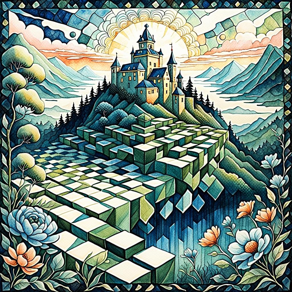 Quilted Landscape Optical Illusion in Watercolor