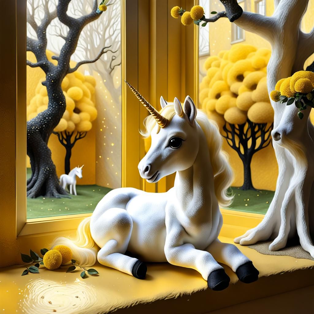 Baby Unicorn in Klimt Style Window Scene