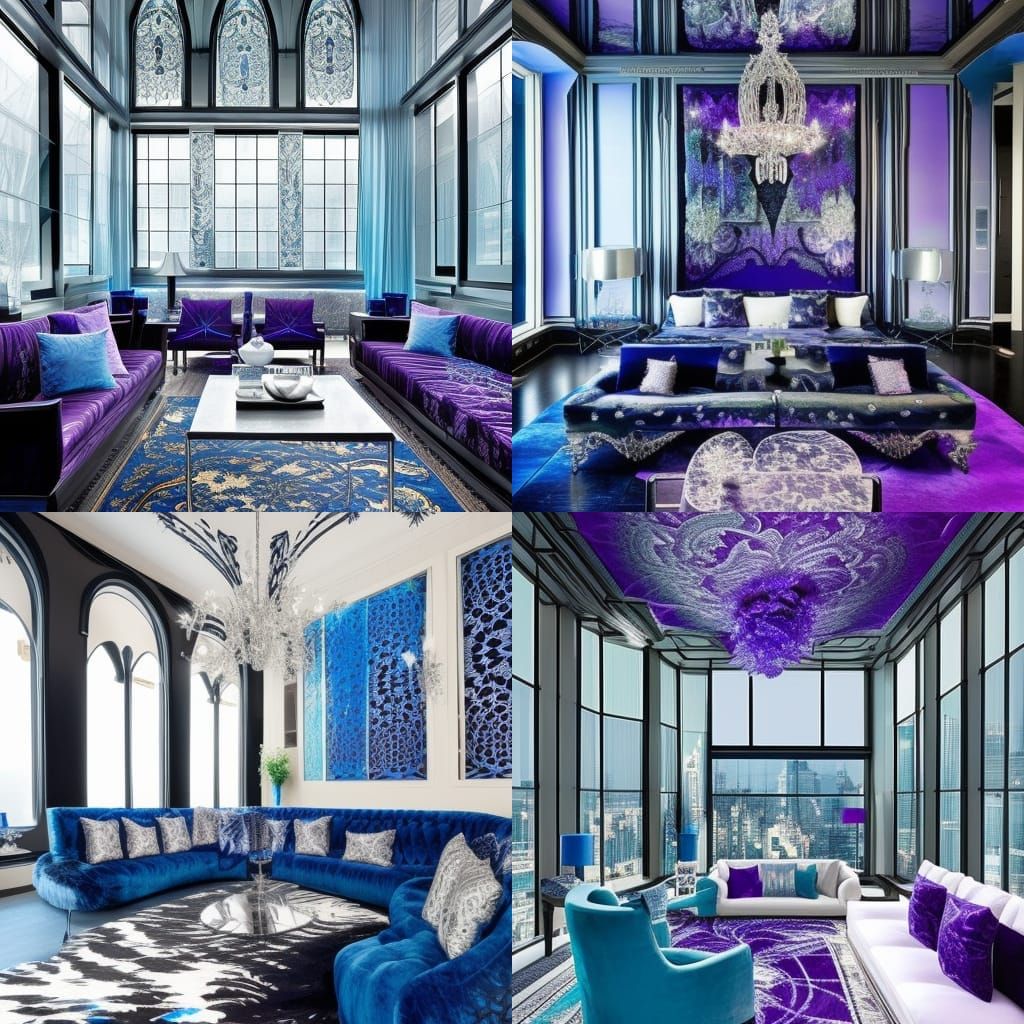 Insane sliver fractals penthouse with insane sliver fractals walls with black accents& bright blue fractals accents& Aqu...