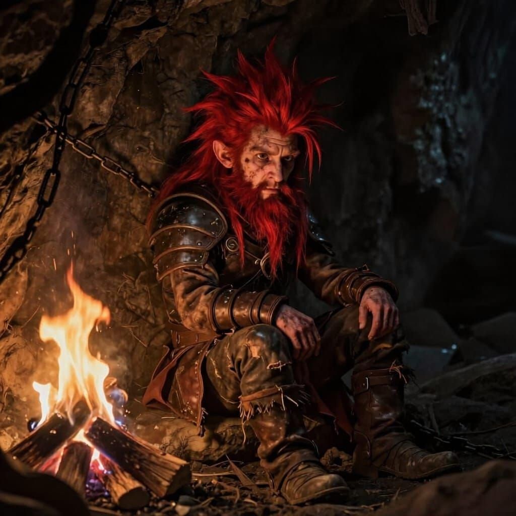 Gnome Warrior in Dimly Lit Cave, Dark Fantasy Art