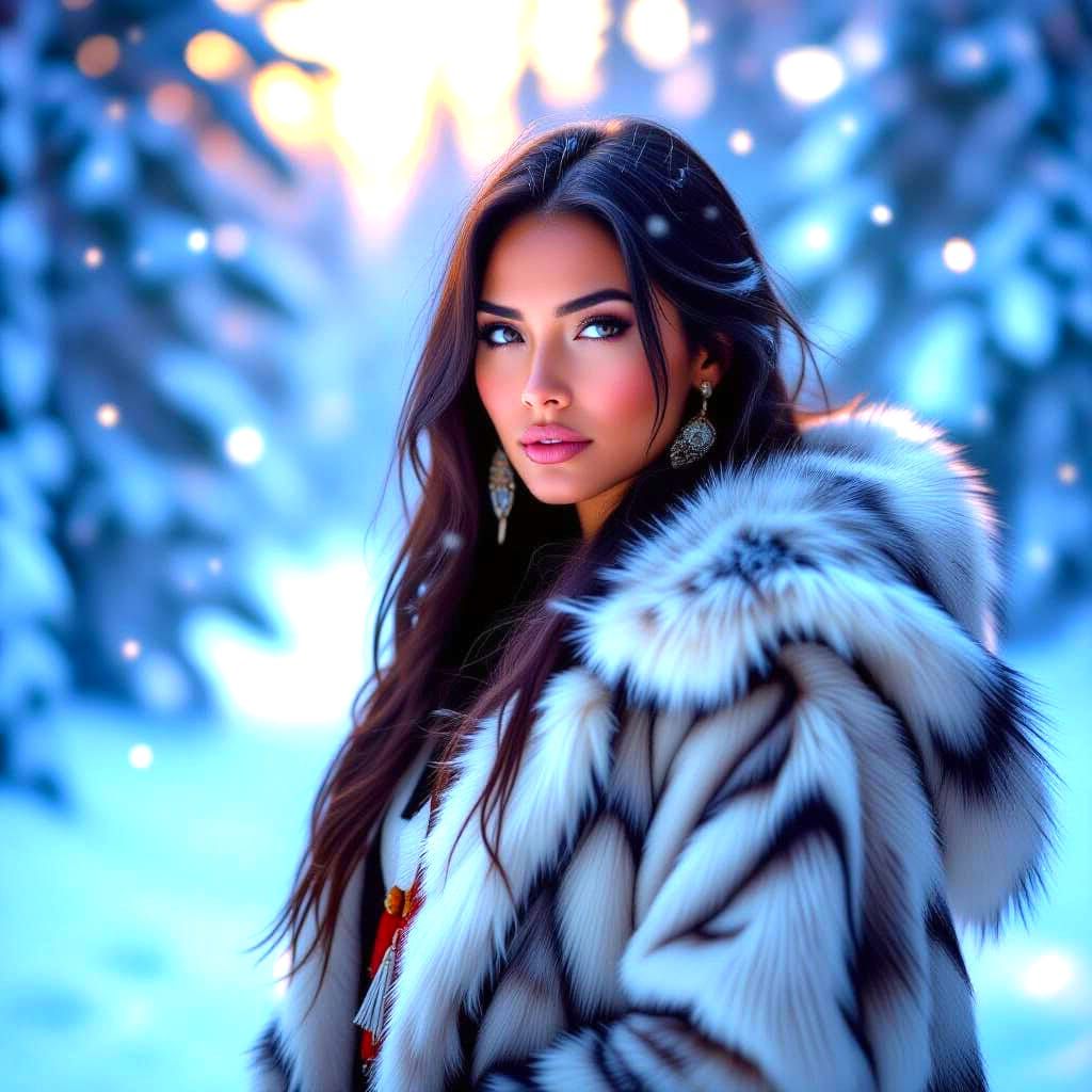 A native american woman wearing a wolf fur coat, standing in...