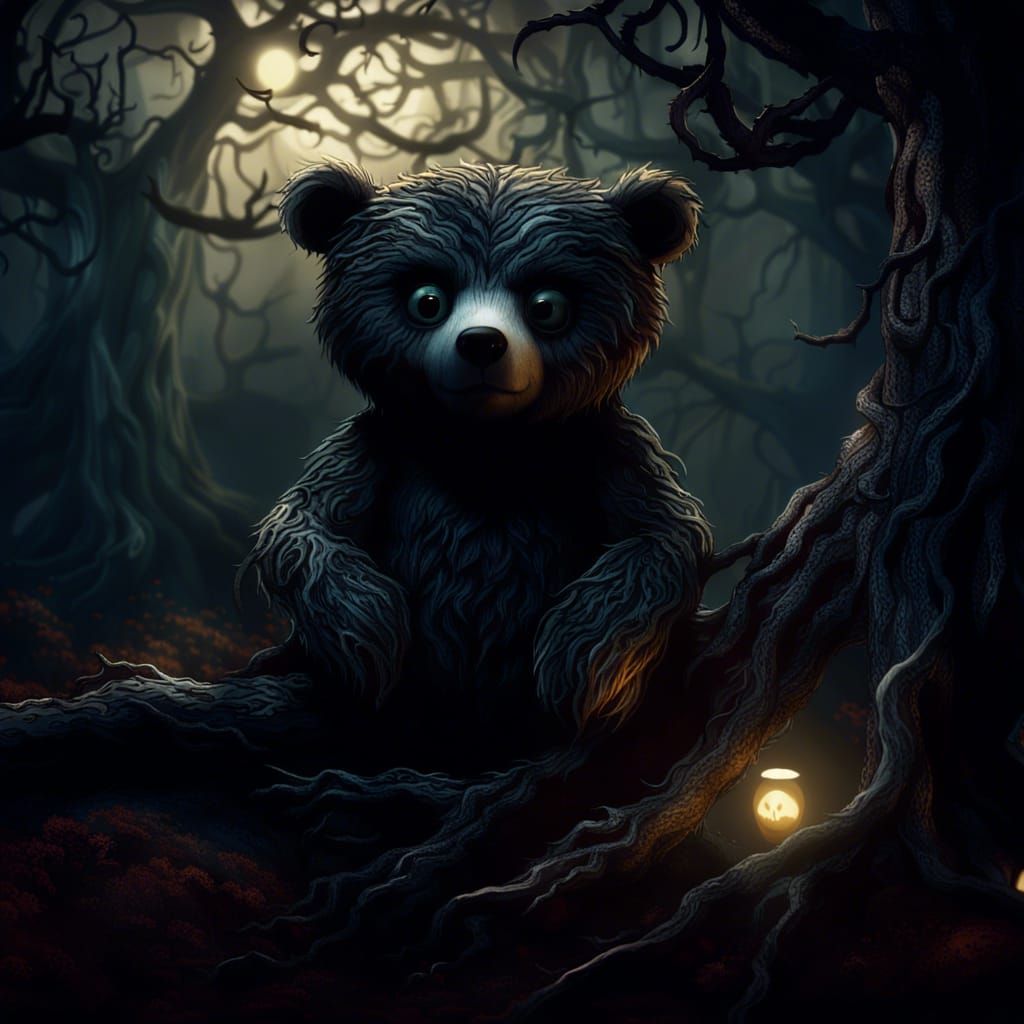 Cute Bear in Creepy Environment: Dark Whimsy Style