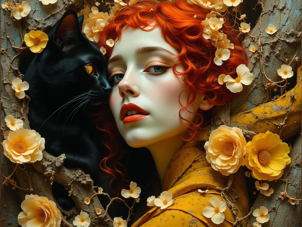 Woman in Petal Veil with Black Cat, Oil Painting