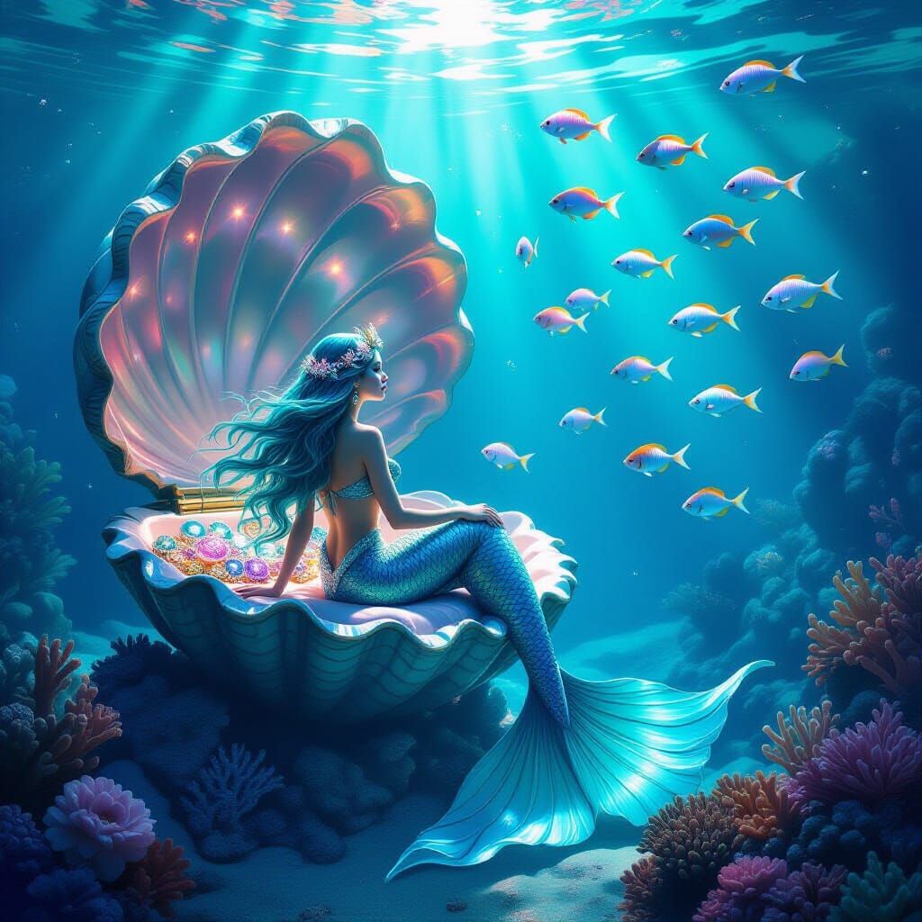 Mermaid Admires Jewels in Coral Throne with Angel Fish