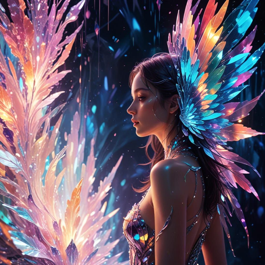 Iridescent Goddess Surrounded by Vibrant Crystal Formations