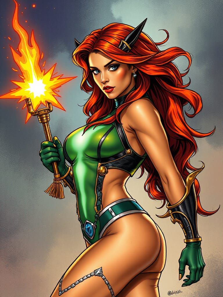 Starfire Superheroine with Orange Skin and Red Hair