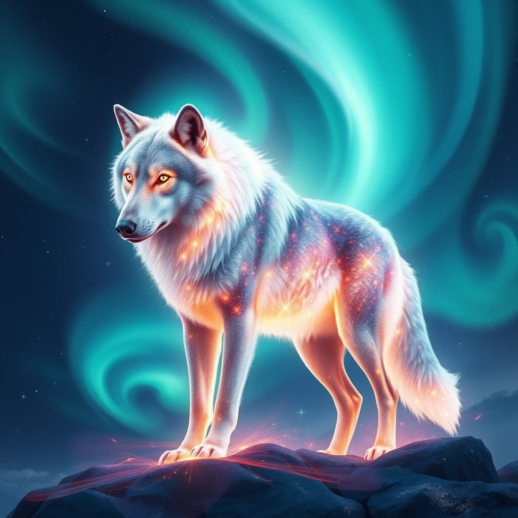 Celestial Wolf Radiating Aurora Borealis Light