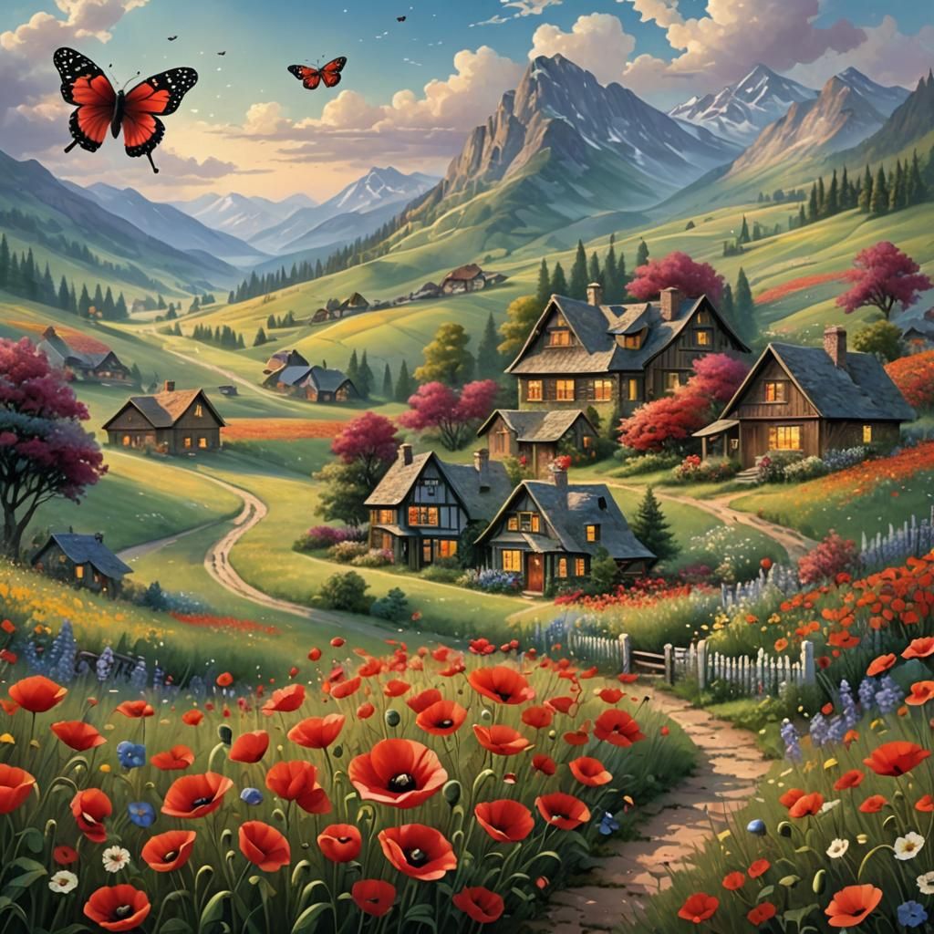 Poppy Meadows and Distant Cottages in Valley