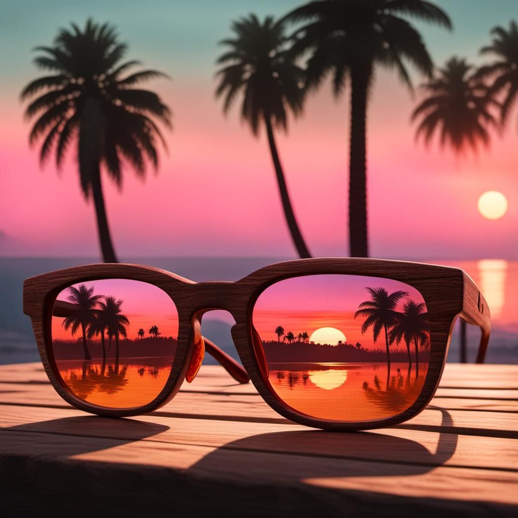 Vintage Sunglasses Reflecting Sunset Palm Trees