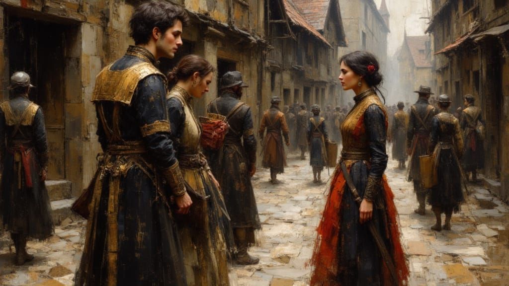 Medieval Vendors in Town Square, Rembrandt Style