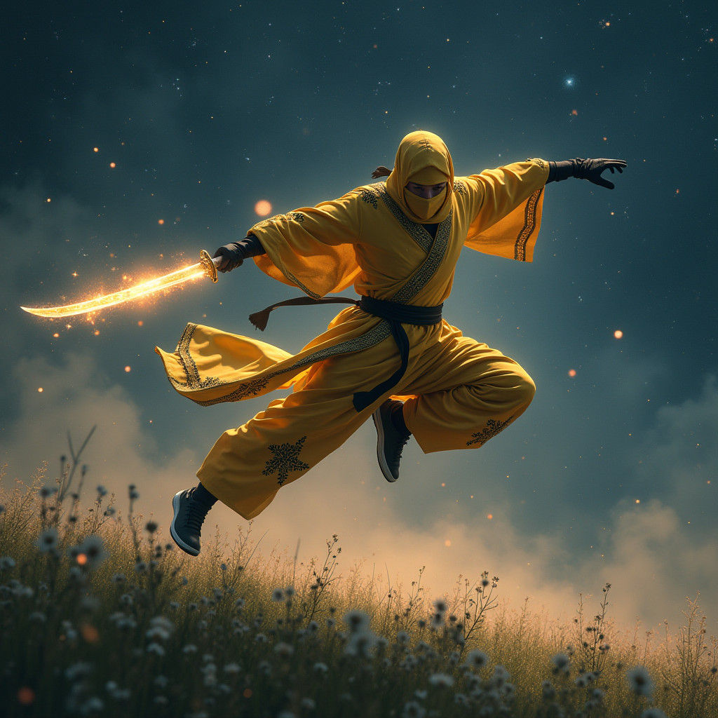 Leaping Ninja Warrior with Sword in Starry Meadow