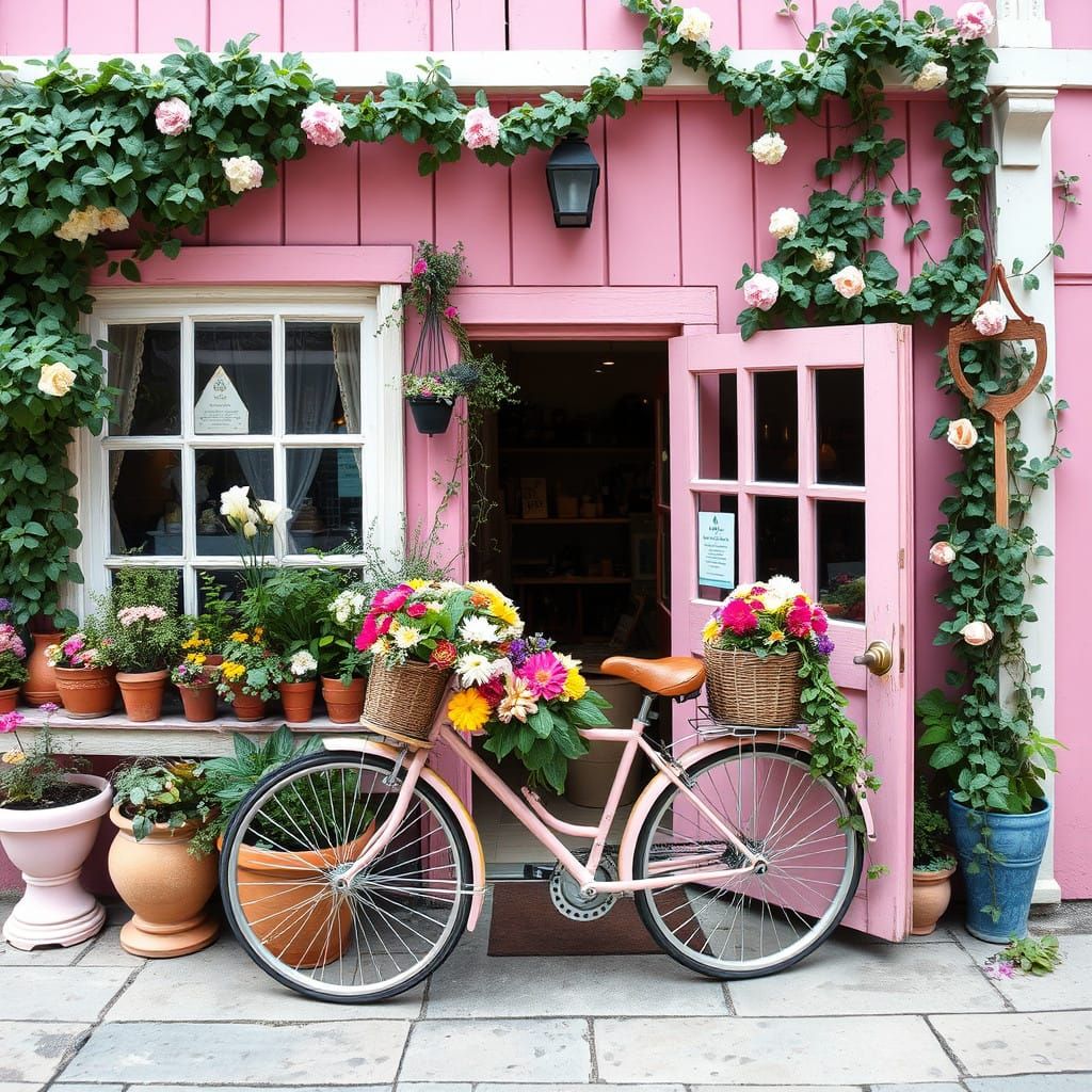 Whimsical Flower Shop in Pastel Pink Building