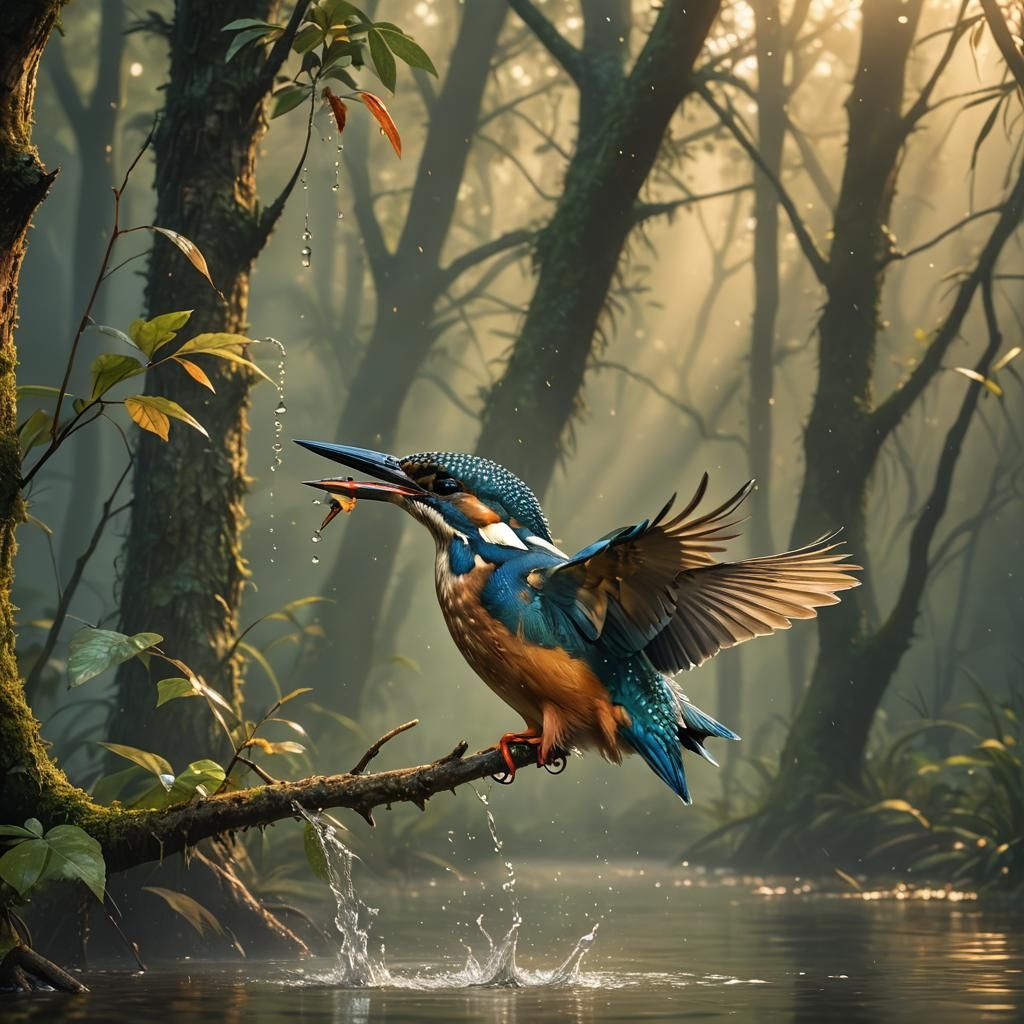 Kingfisher Diving in Misty Forest: Photorealistic Wildlife A...