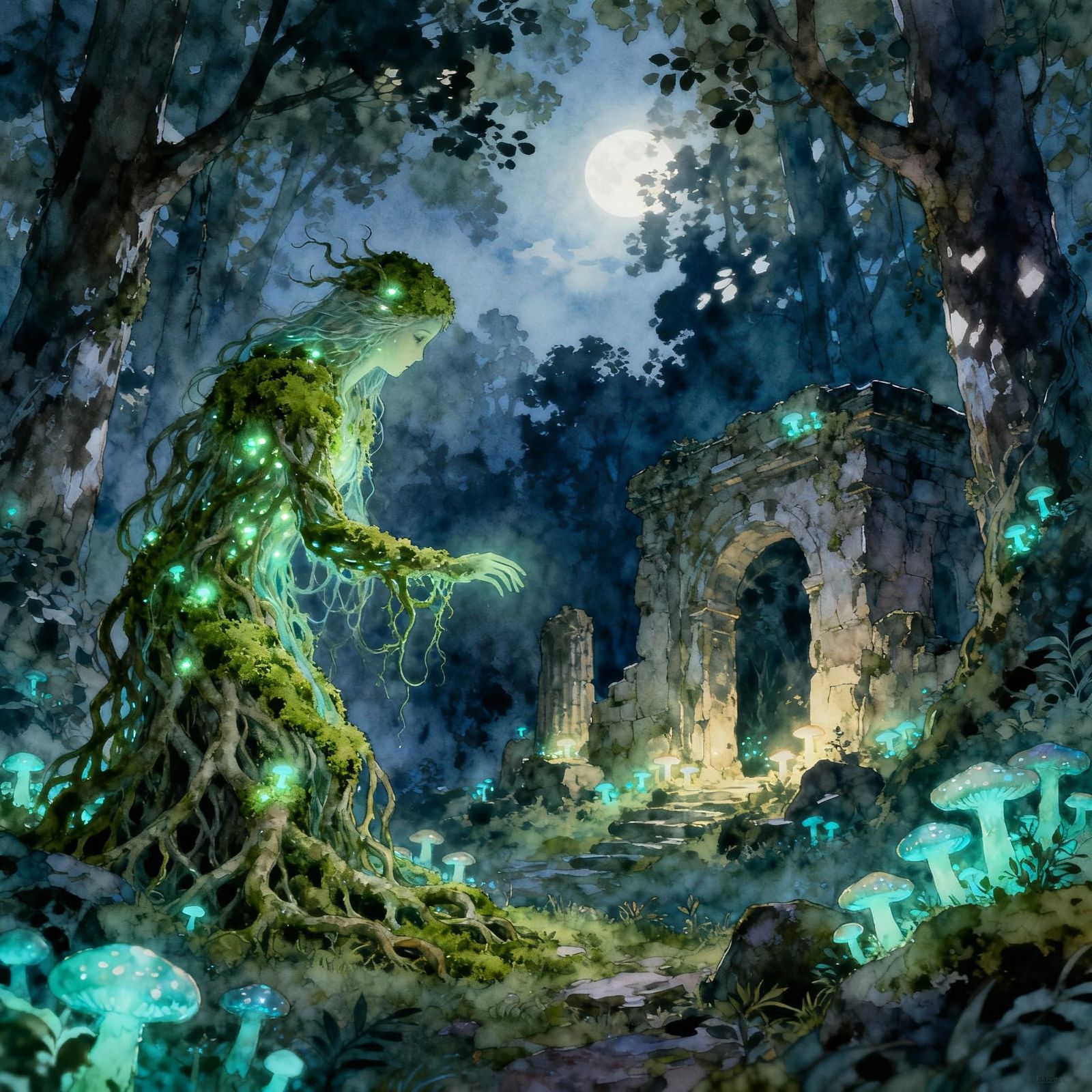 Ethereal Forest Spirit Tending Bioluminescent Grove