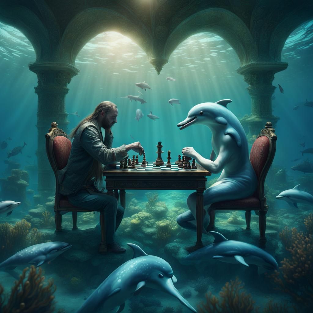 Dolphin Plays Chess Underwater: Detailed Matte Painting