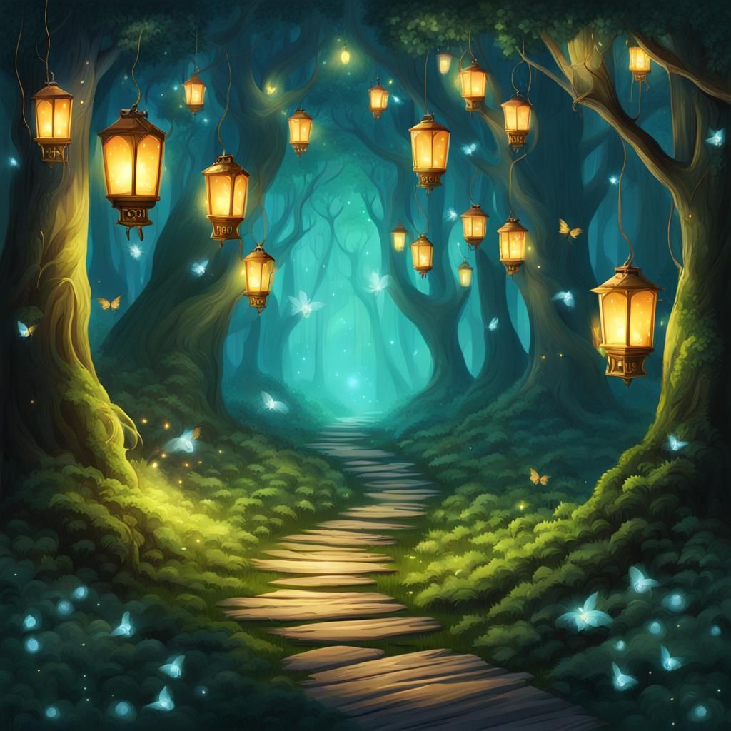 Enchanted Forest Path with Lanterns and Fireflies