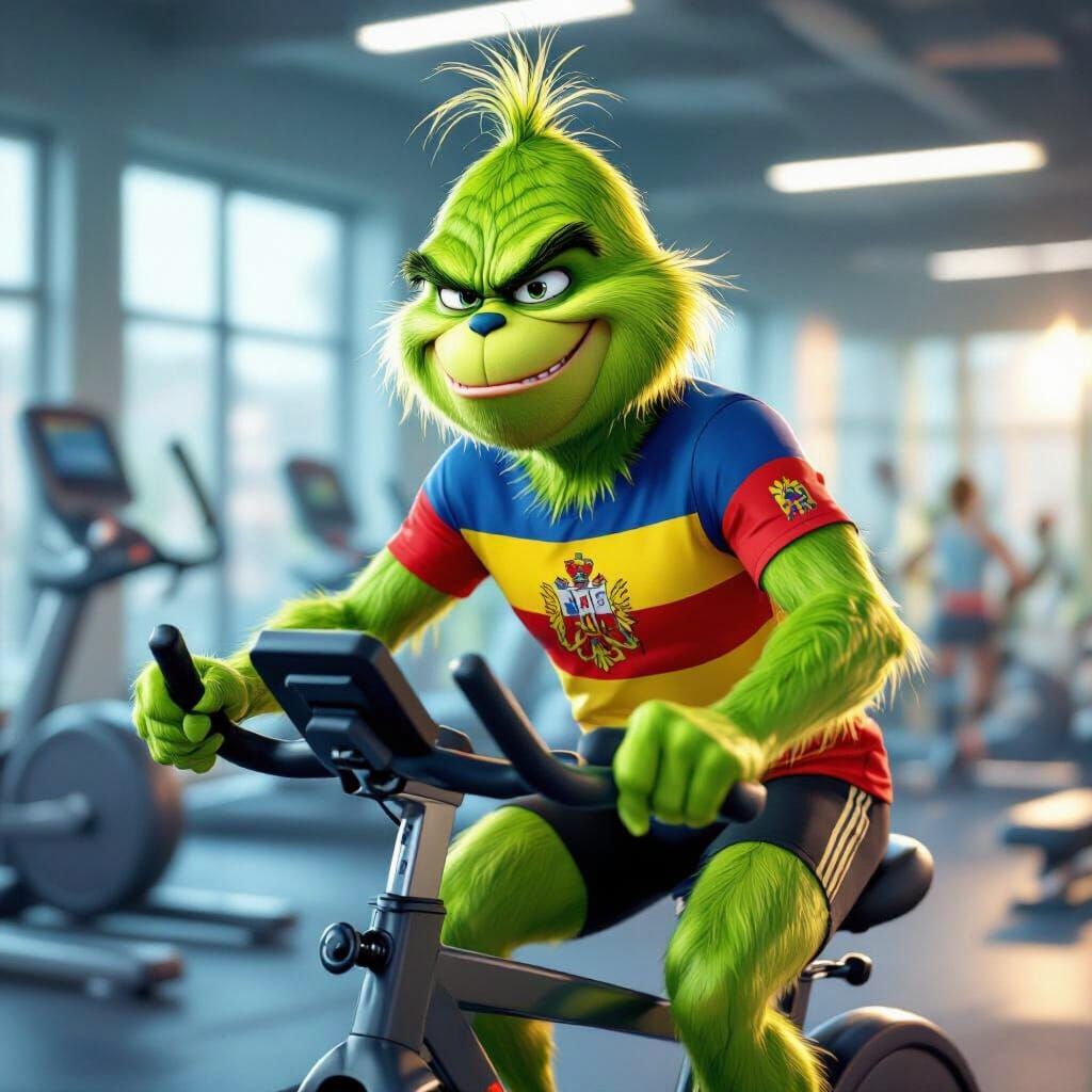 Grinch Cycling in Romanian Colors on Gym Bike