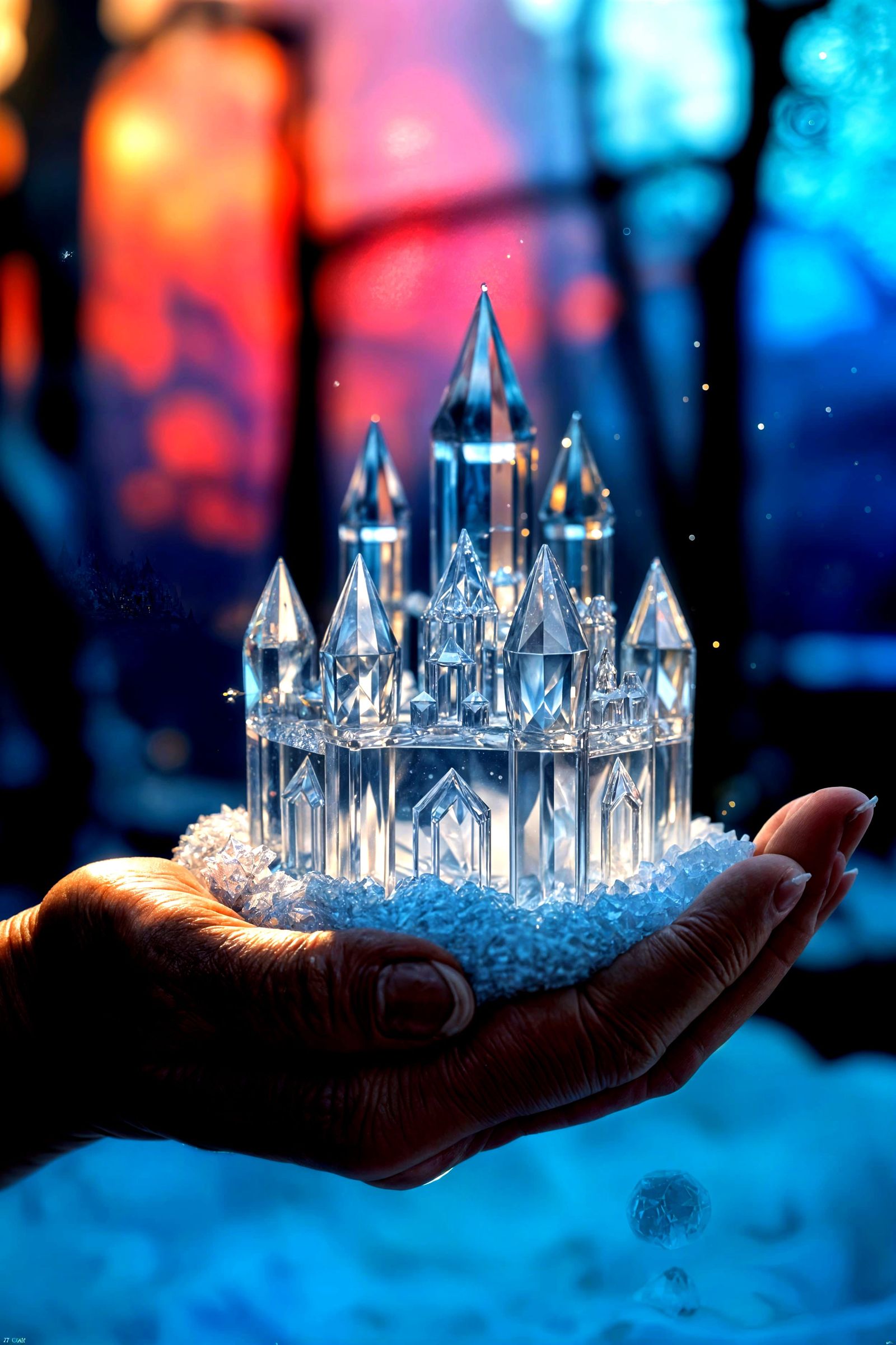 Intricate Crystal Castle Held in Hand | Hyperrealistic Splas...